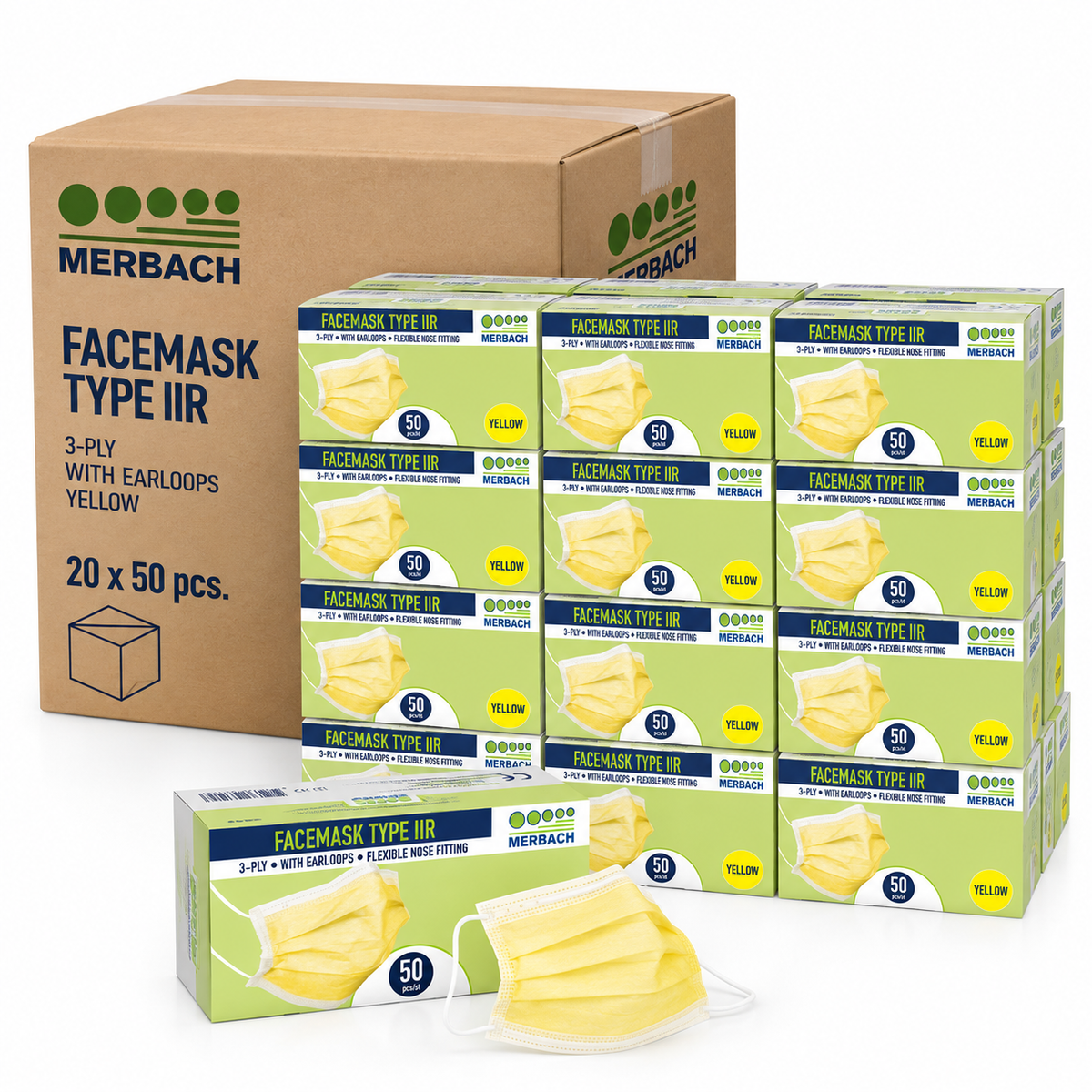 Merbach mondmasker geel 3-lgs IIR oorlus 20x50 stuks ( exp 30-11-2026)