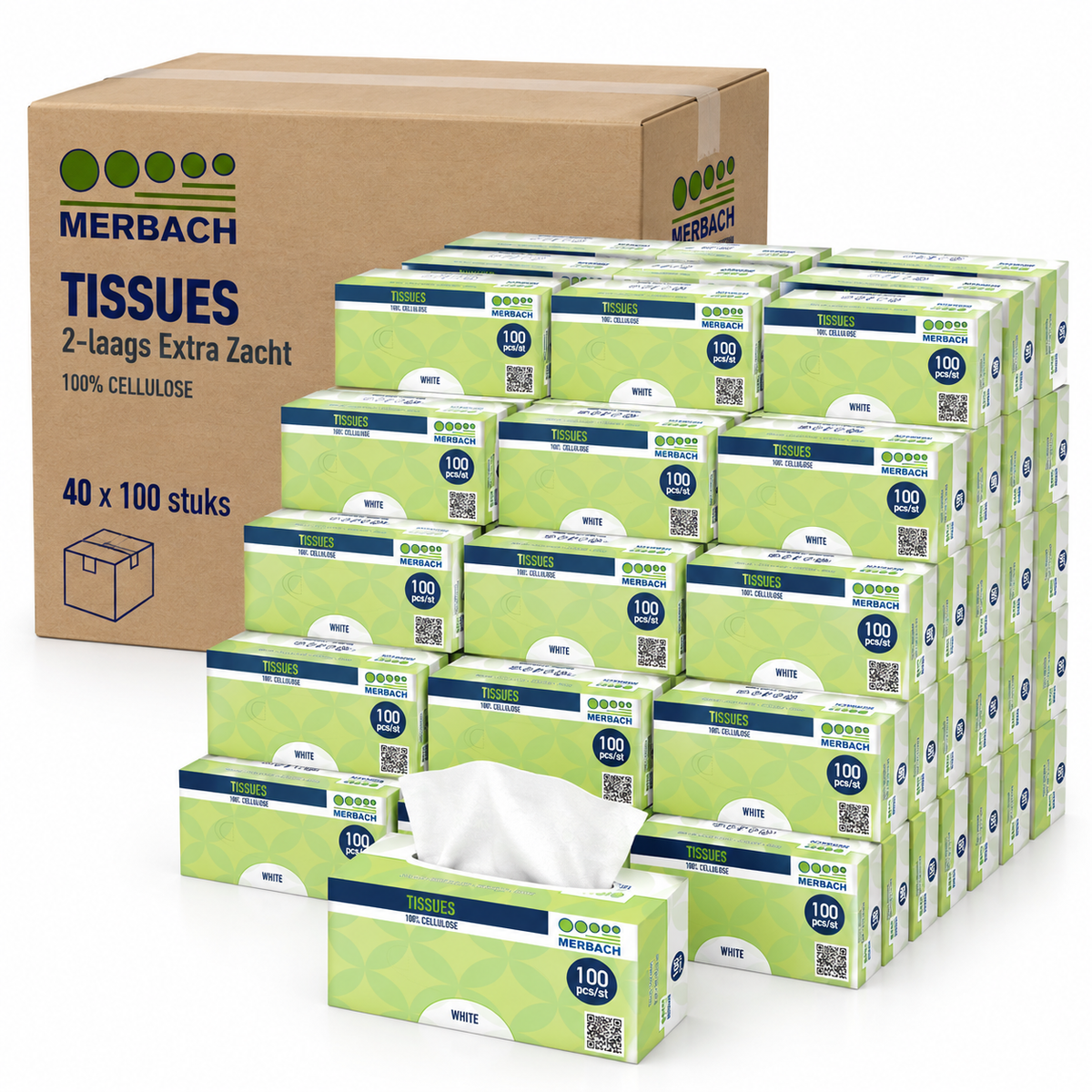 Merbach FSC Tissues 2-laags Extra Zacht – Doos van 40 verpakkingen (100 tissues per verpakking)