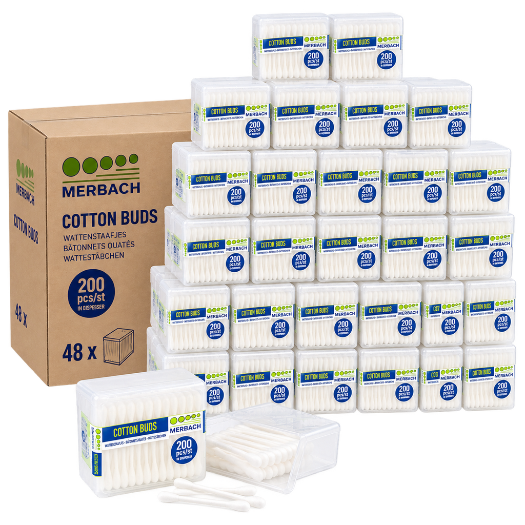 Merbach Papieren Wattenstaafjes – Doos van 48 verpakkingen x 200 stuks
