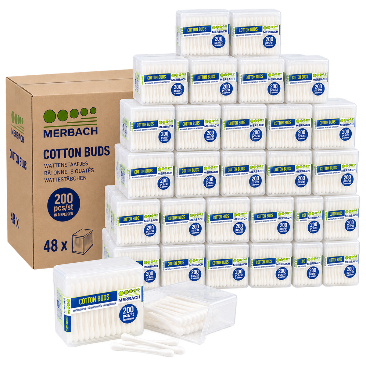 Merbach Papieren Wattenstaafjes – Doos van 48 verpakkingen x 200 stuks