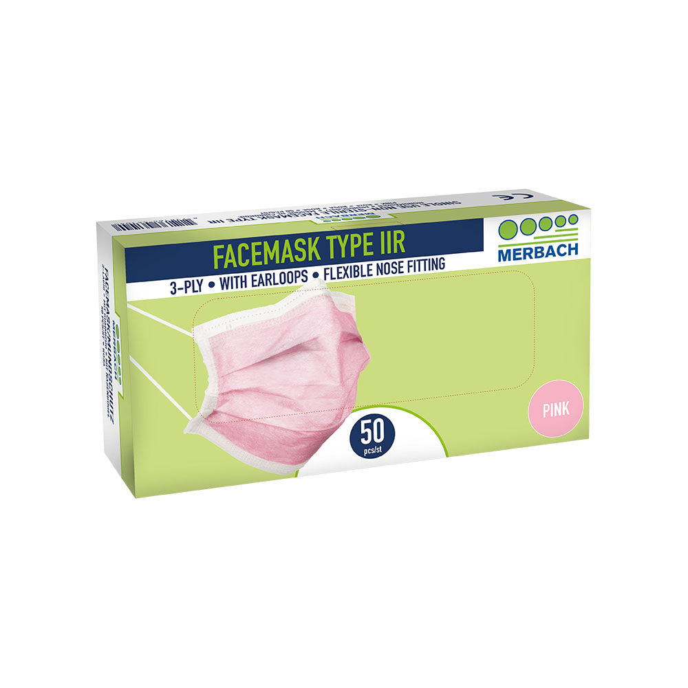 Merbach mondmasker roze 3-lgs IIR oorlus 20 x 50 stuks ( exp date 31-1-2027) op=op
