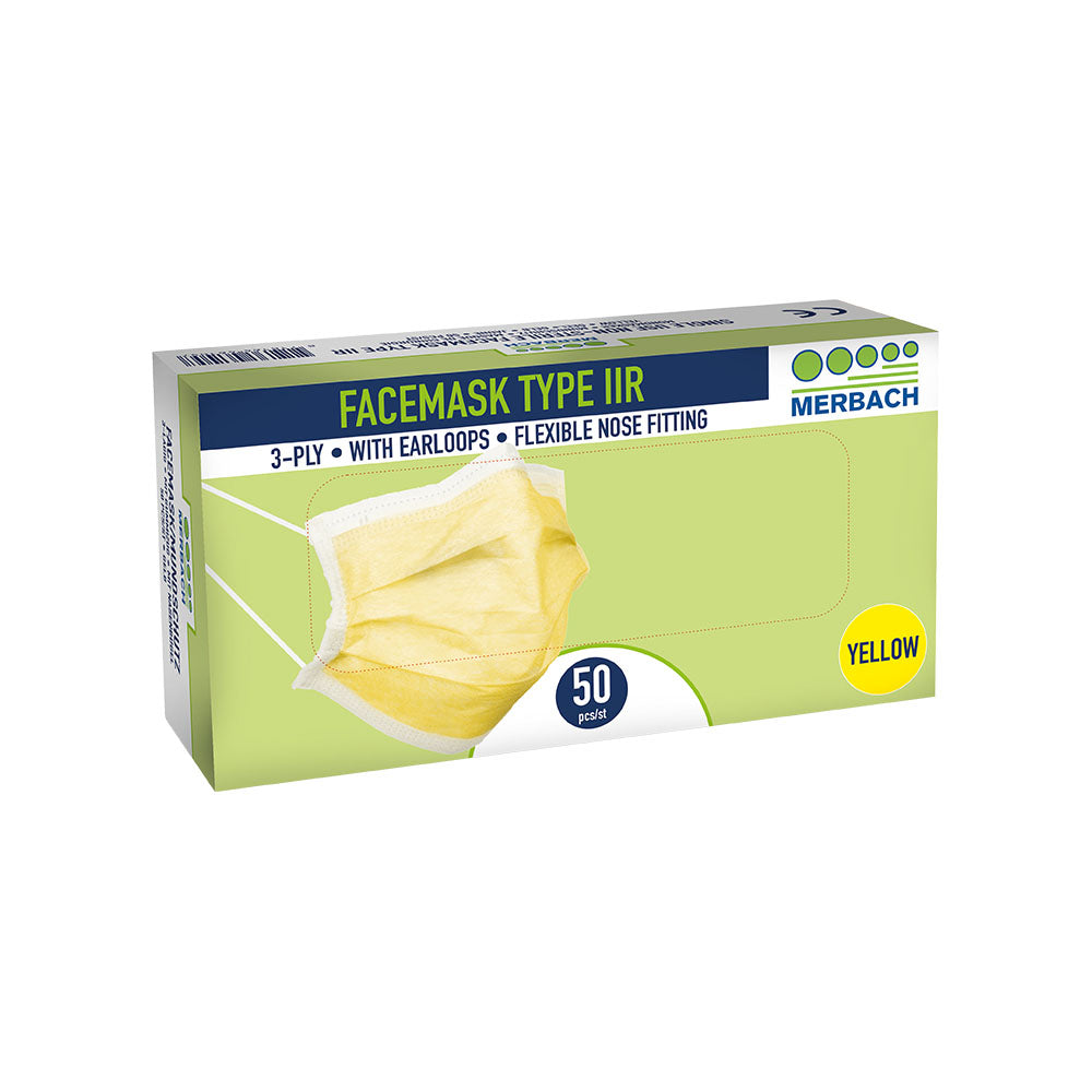 Merbach mondmasker geel 3-lgs IIR oorlus 20x50 stuks ( exp 30-11-2026)