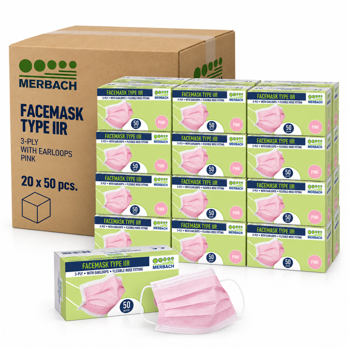 Merbach mondmasker roze 3-lgs IIR oorlus 20 x 50 stuks ( exp date 31-1-2027) op=op